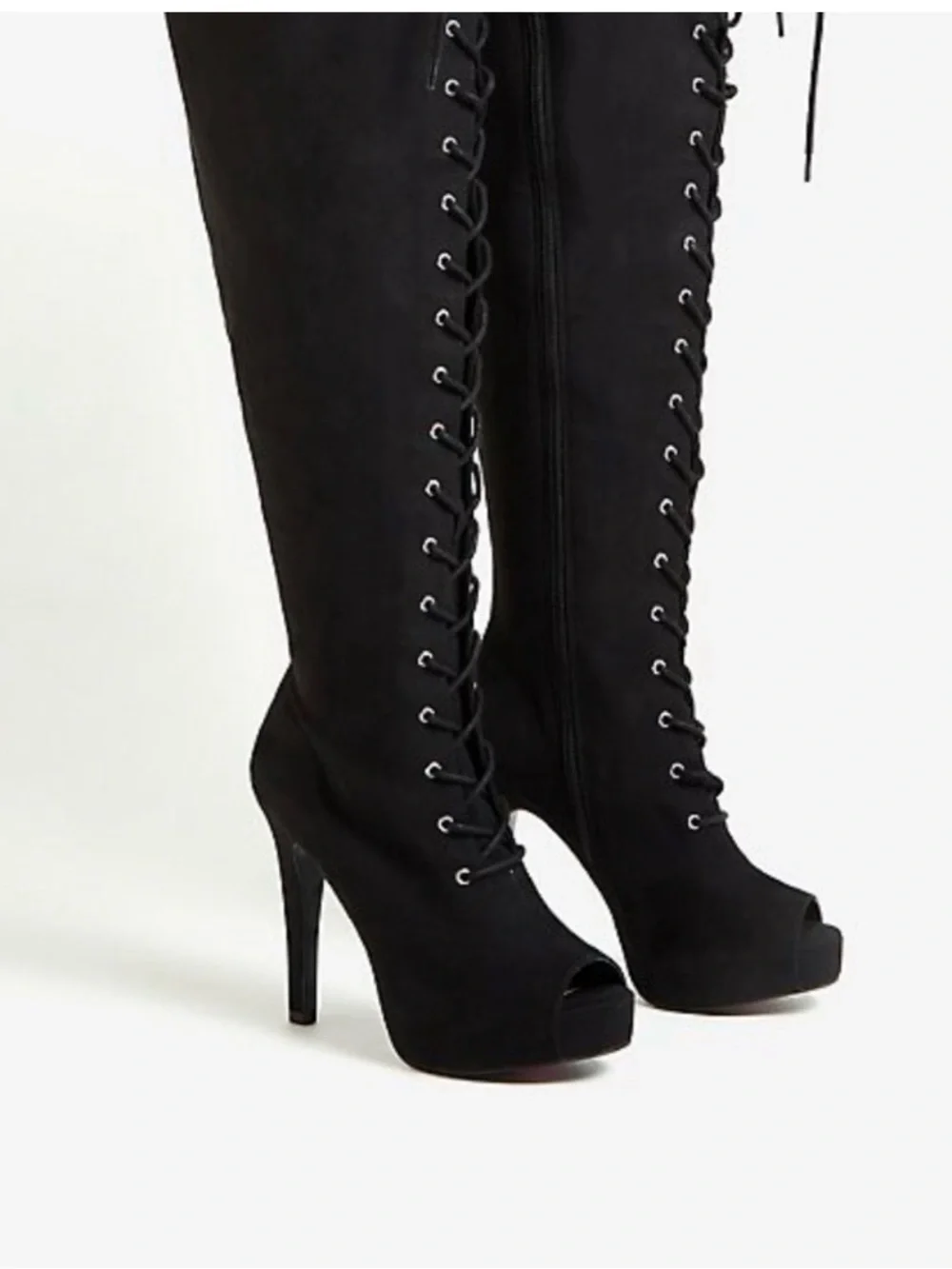 Women’s Black Lace-Up Knee-High Peep-Toe Heel Boots